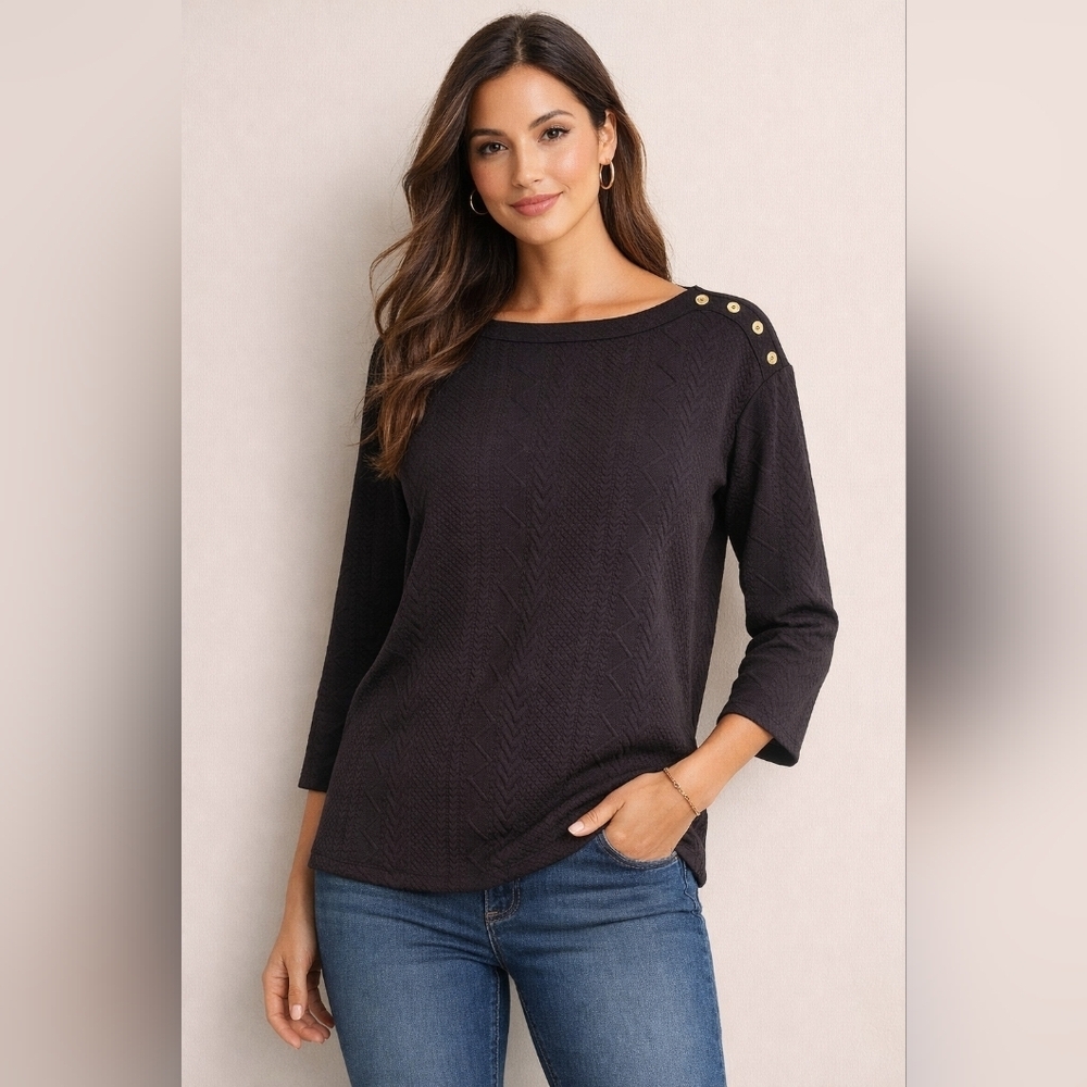 Jones New York Black Knit Sweater Gold Button Shoulder Detail Women’s M NWT